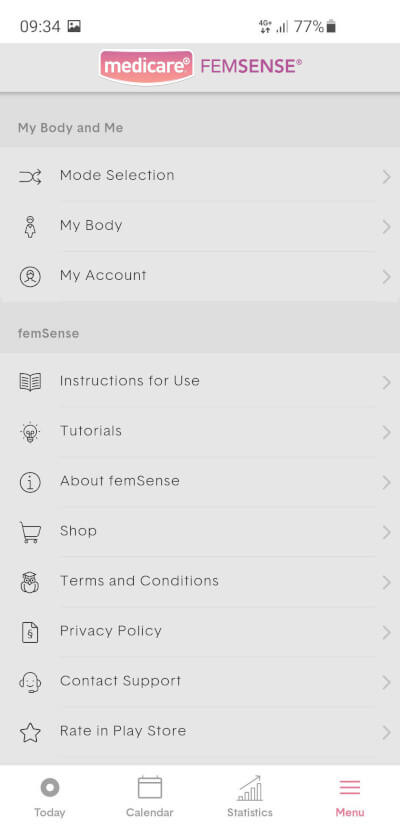 Medicare femSense Menu Screen
