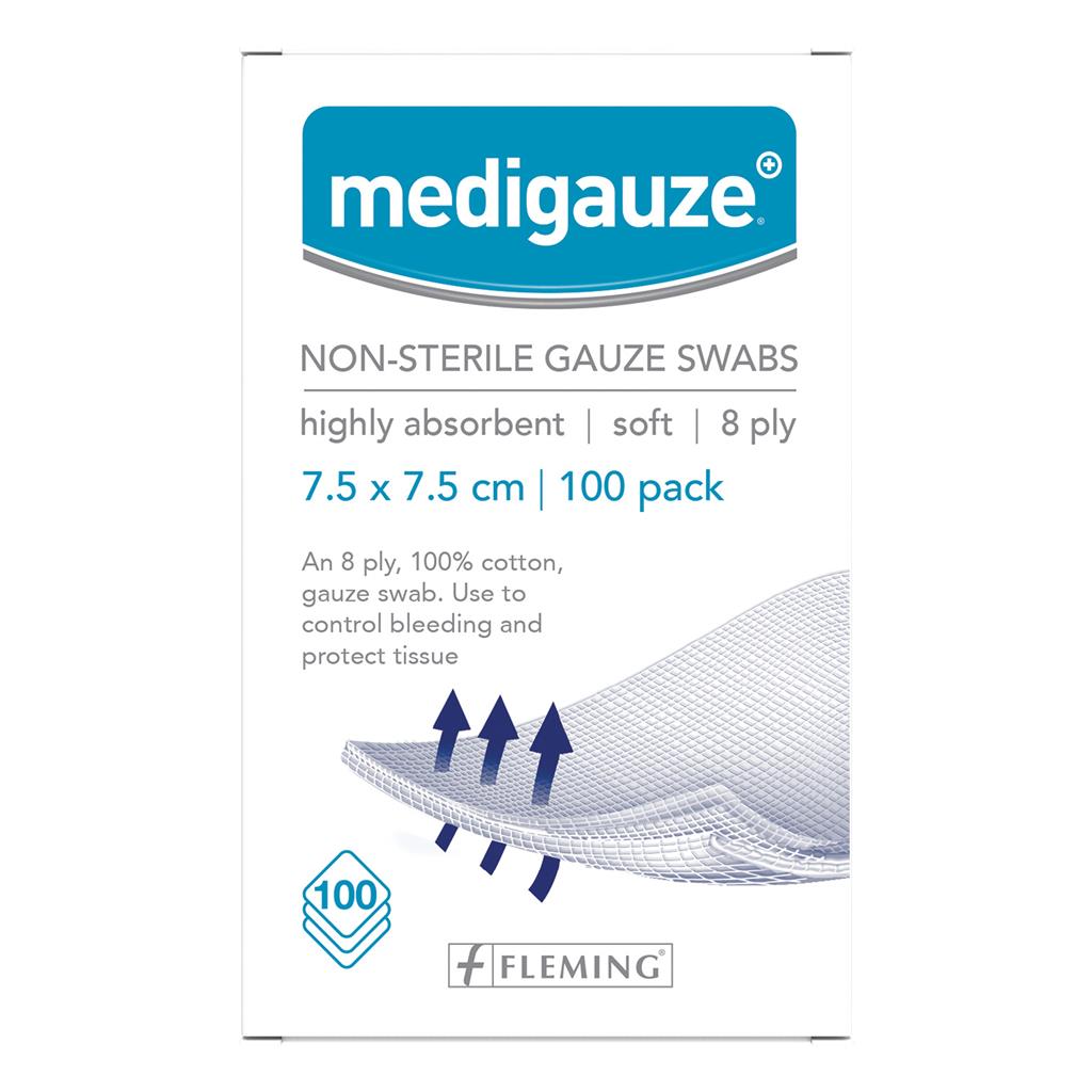 MEDIGAUZE NON-STERILE GAUZE SWABS 7.5X7.5CM 8PLY 100'S